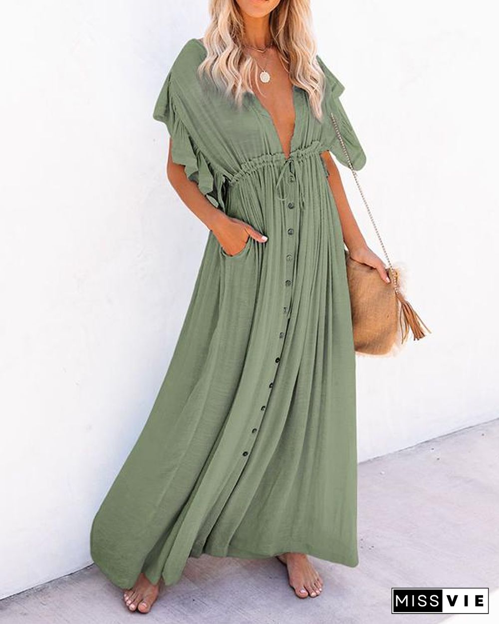 Women Long Maxi Dress Solid V neck Ladies Holiday Dress