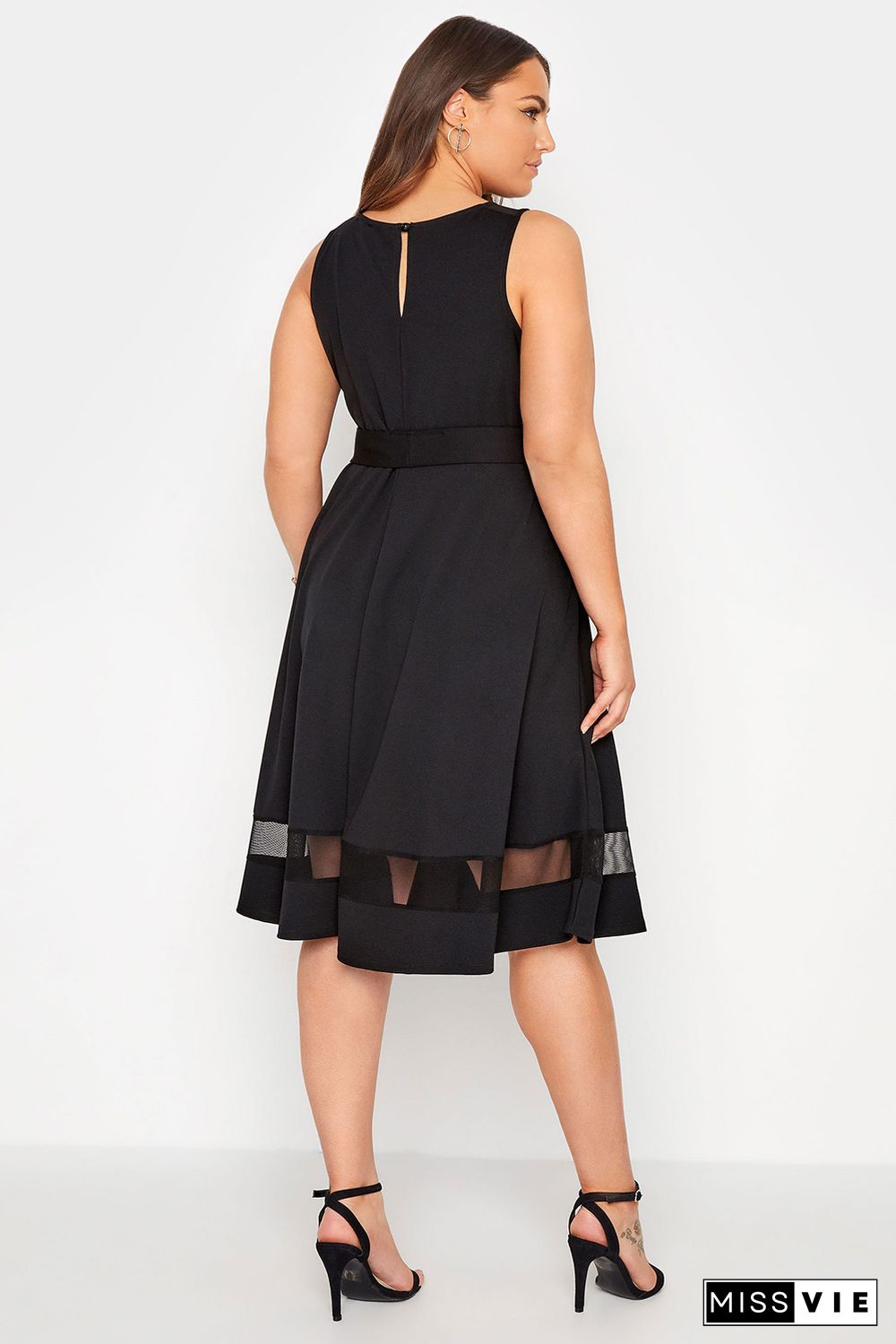 Black Plus Size Mesh Panel Skater Dress