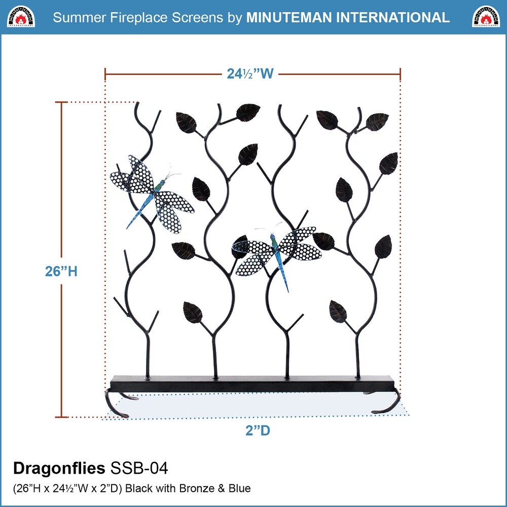 Minuteman International Contemporary Dragonflies Summer Fireplace Screen  26 Inch Tall  Roman Bronze and Blue