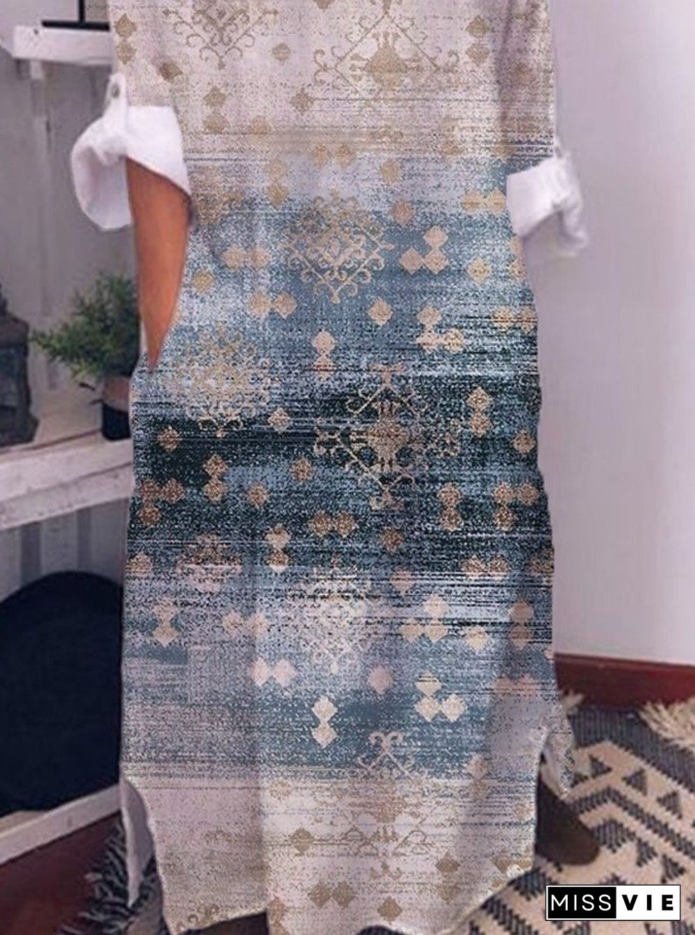 Retro Print Casual Long sleeved Maxi Dress