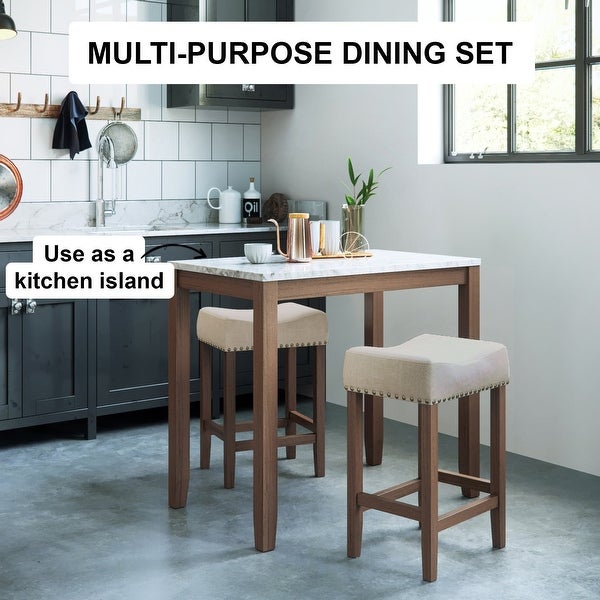 3-Piece Dining Set， Kitchen Pub Table Light Beige Fabric Seat