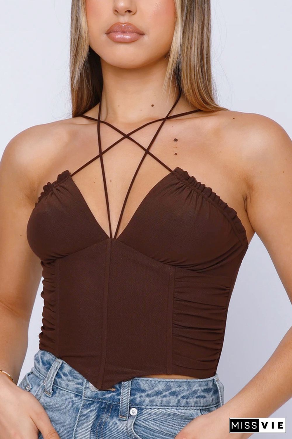 Mesh Cross Strap Pleated Camisole Short Vest Top Wholesale