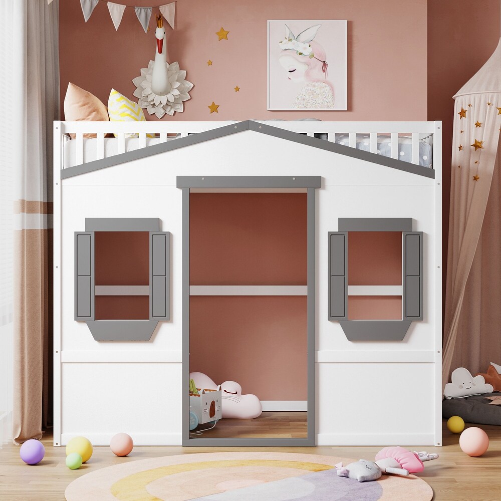 House Loft Bed Twin Kids Playhouse Bed  Solid Wood Loft Bed Frame with Window and Ladder  for Girls Boys  White+Grey