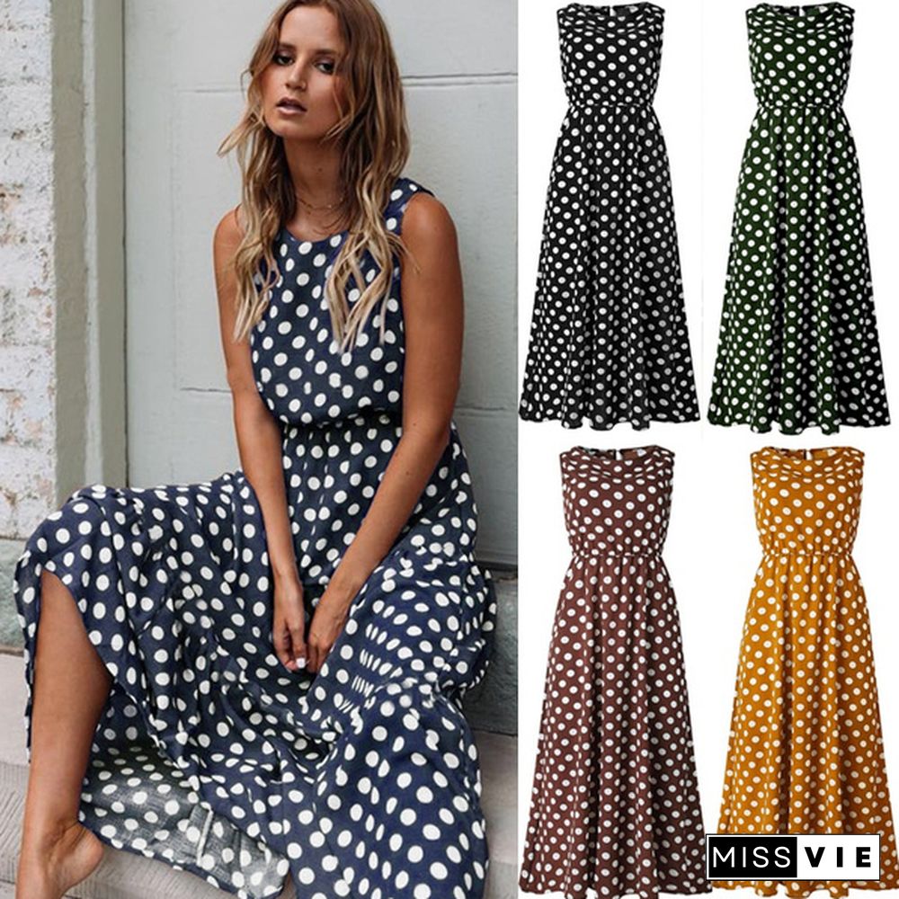 Summer Women New Fashion Sleeveless Polka Dot Maxi Dresses High Waist Casual Beach Long Dress