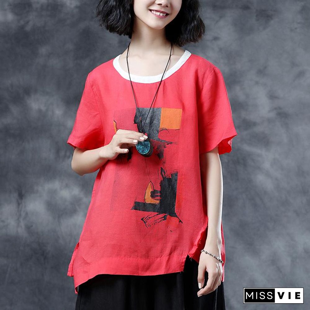 fashion natural cotton linen t shirt oversize Summer Short Sleeve Loose Red Casual Shirts