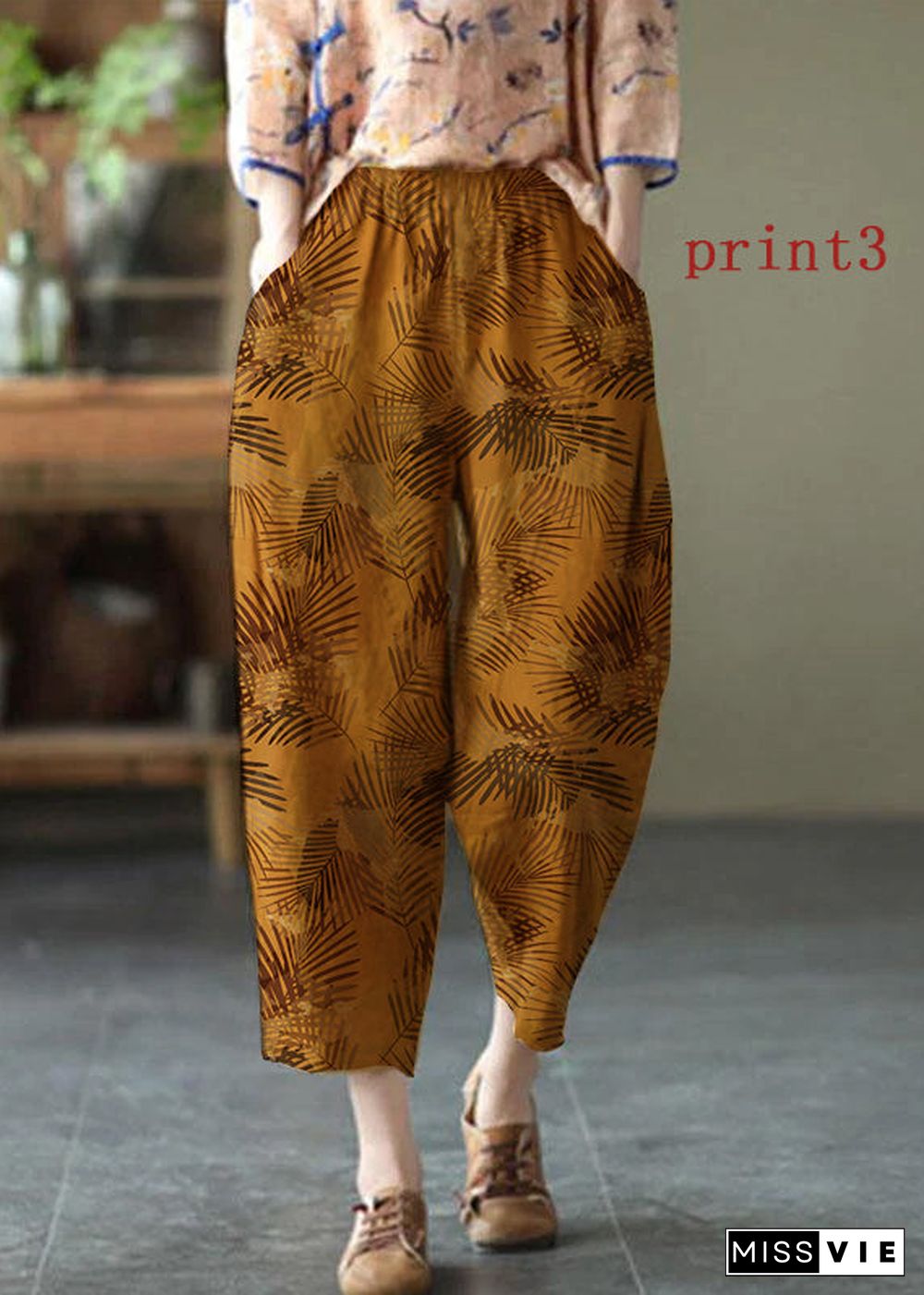 Natural yellow-half pattern Elastic Waist Summer Linen Harem Pants