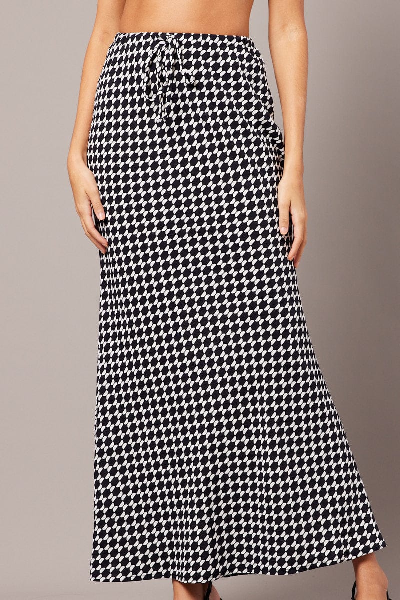 Black Geo Slip Skirt Maxi Drawstring Waist