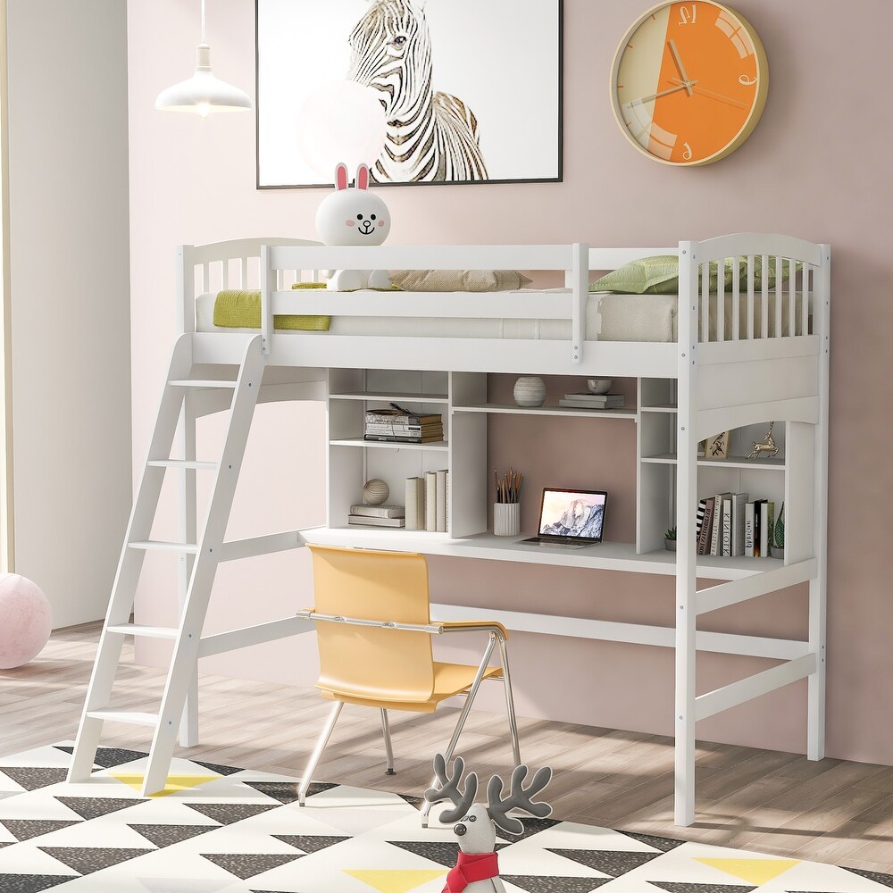 Multifunctional Design Twin size Loft Bed with Storage Shelves  Desk and Ladder