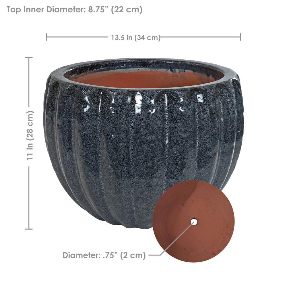 Sunnydaze 14 in. (35.6 cm) Fluted Glazed Ceramic Planter - Black Mist VBD-691