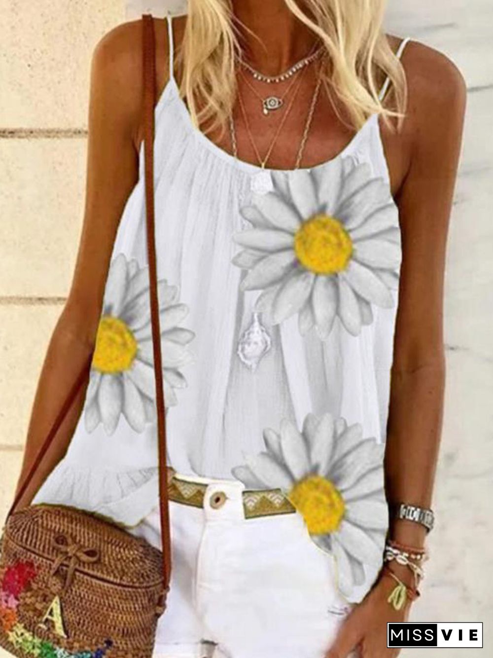 Women Sleeveless Boho Camisole Top Plus Size Floral Printed Crew Neck Casual Tank Tops for Women