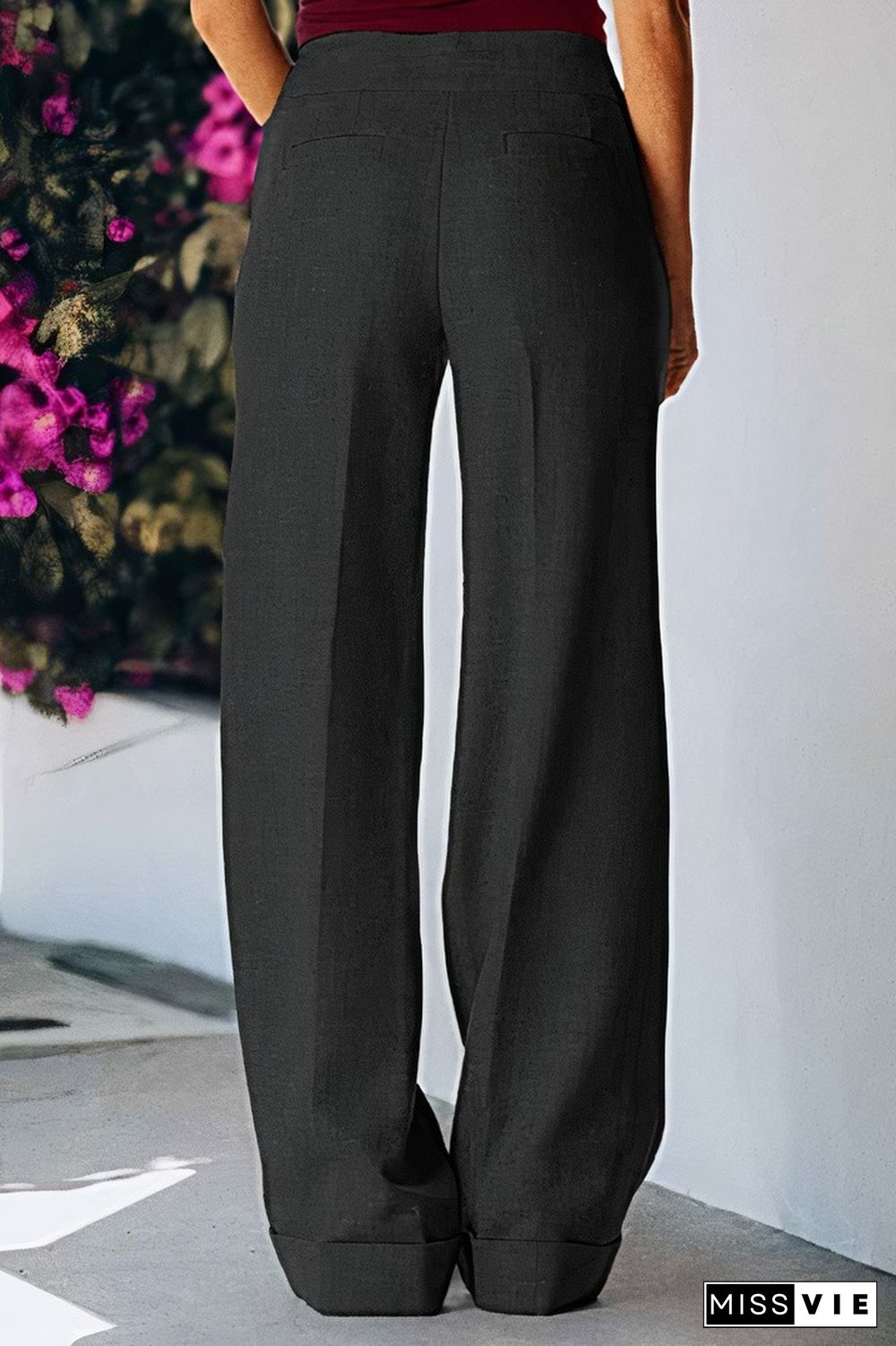 Solid Buttoned Detail Straight Leg Mid Waist Pants