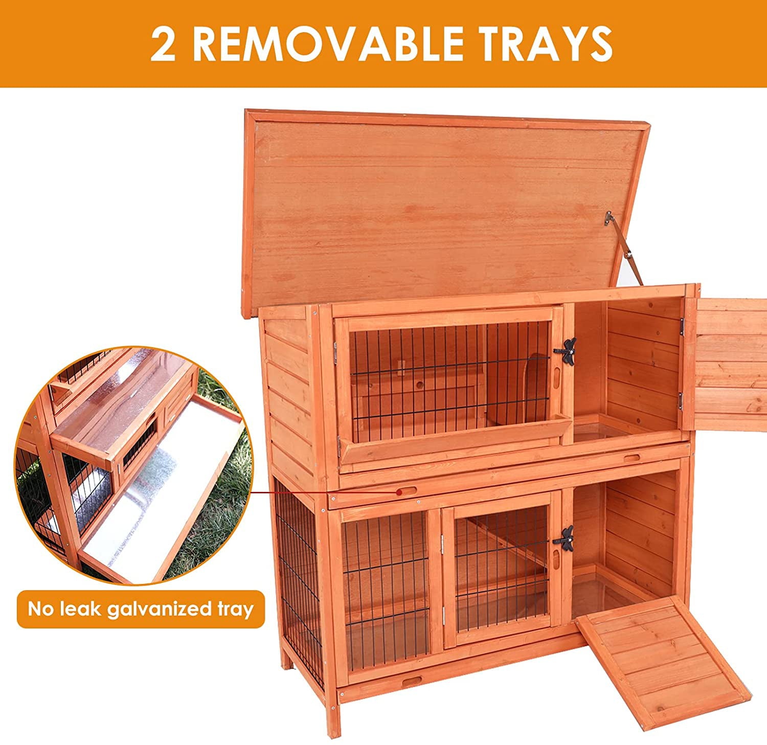 Arlopu 42.3'' Rabbit Hutch， Wooden Bunny Hutch Poultry Cage Indoor Outdoor Backyard Small Animal House