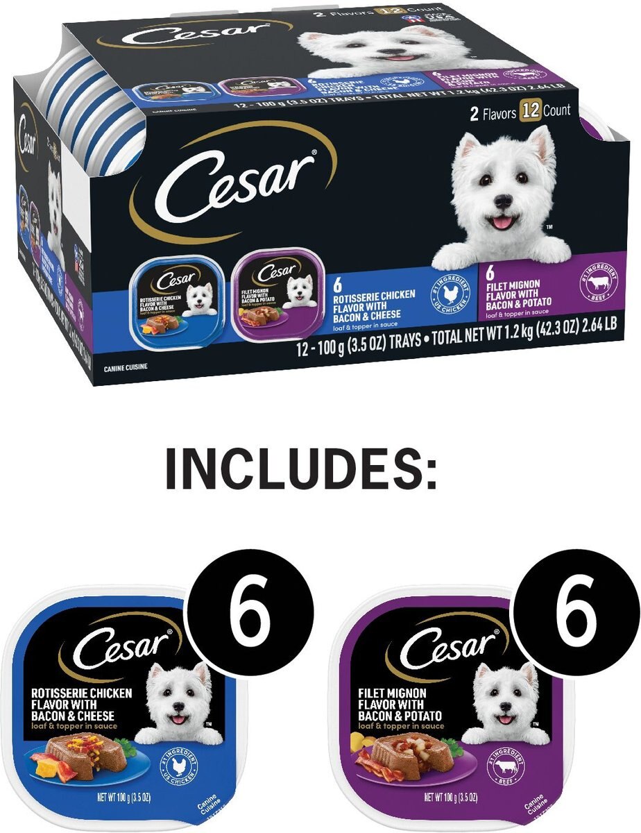 Cesar Loaf in Sauce Rotisserie Chicken and Filet Mignon Flavors Variety Pack Dog Food Trays