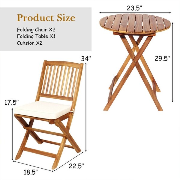 3 Pieces Patio Folding Bistro Set with Padded Cushion and Round Coffee Table