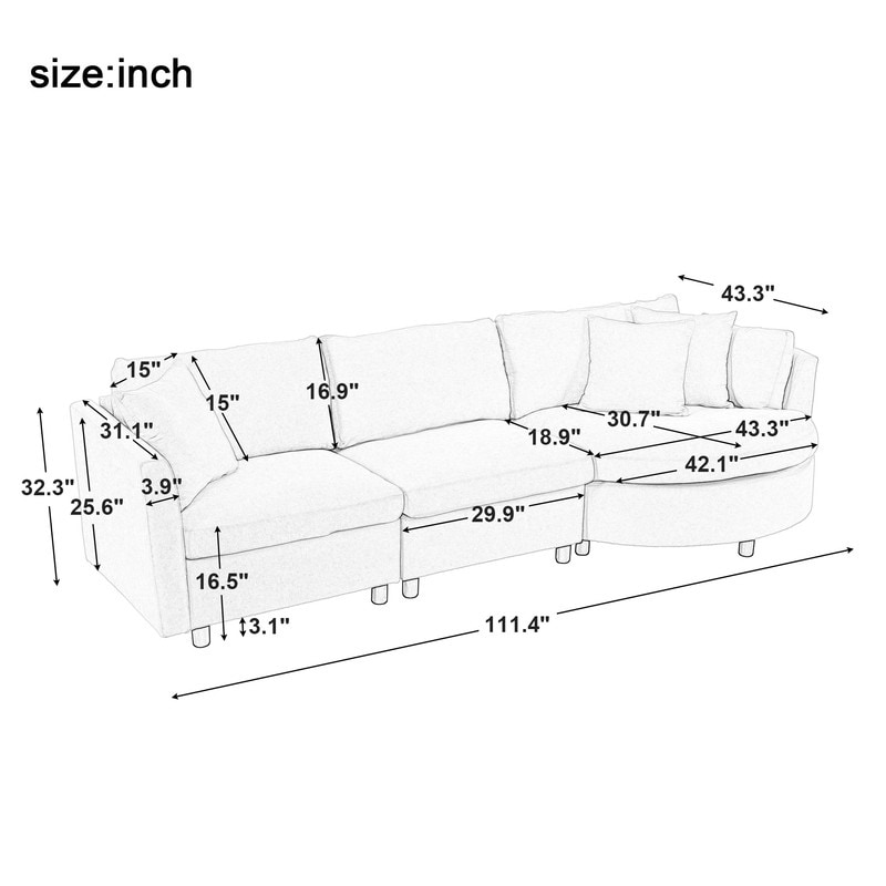 Modern Snow Neil Fabric Sofa with Three Pillows and Curved Seat