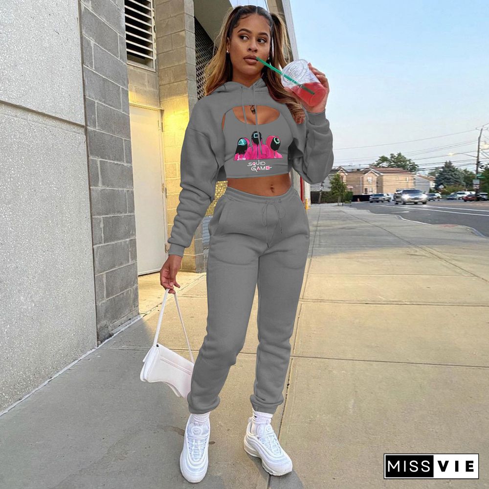 Vest And Crop Top Hoodie Sweatpants Set