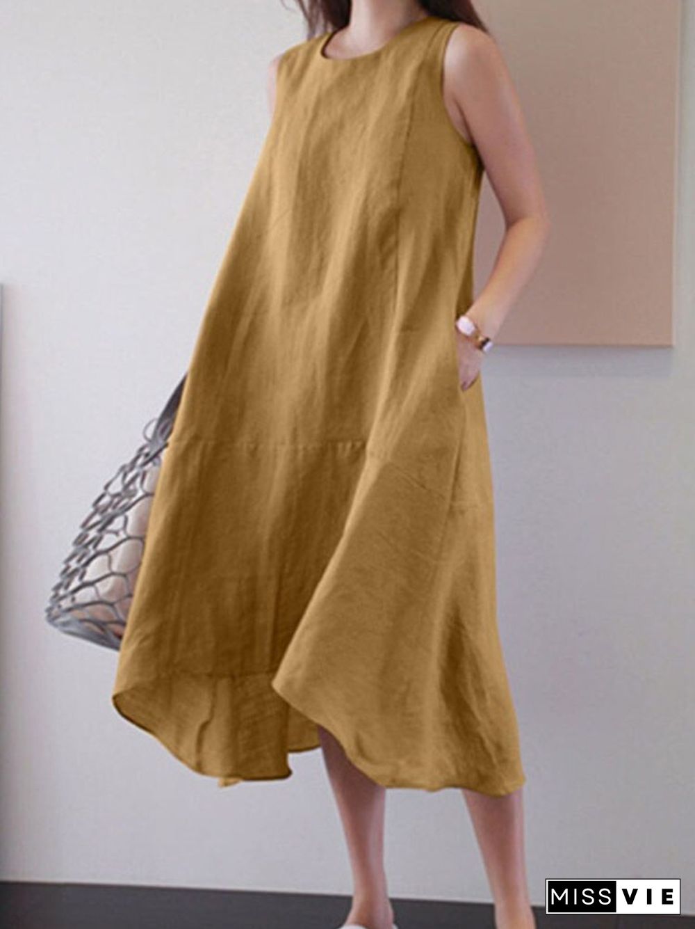 Solid Color Loose Casual Dress Women Summer Fashion Sleeveless O Neck Tank Top Dress Ladies Casual Cotton Linen Pocket Dresses