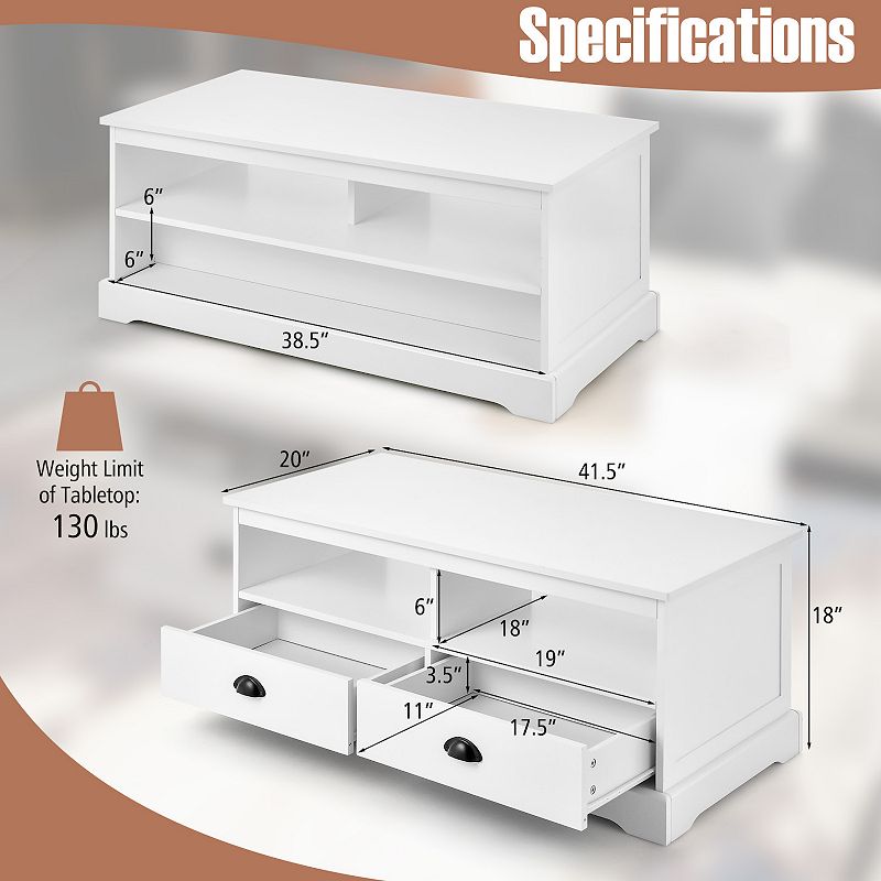 Modern Coffee Table with Drawers and Open Cubies-White