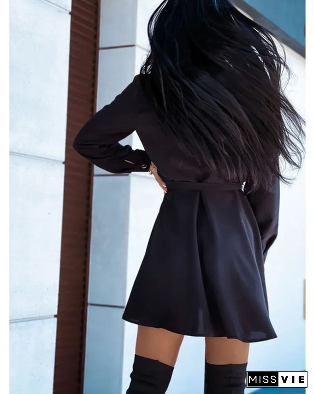 Turn-down Collar Long Sleeves Buttons Shirt Dress Women Fashion Collect Waist A Line Dress Elegant Ladies Dresses