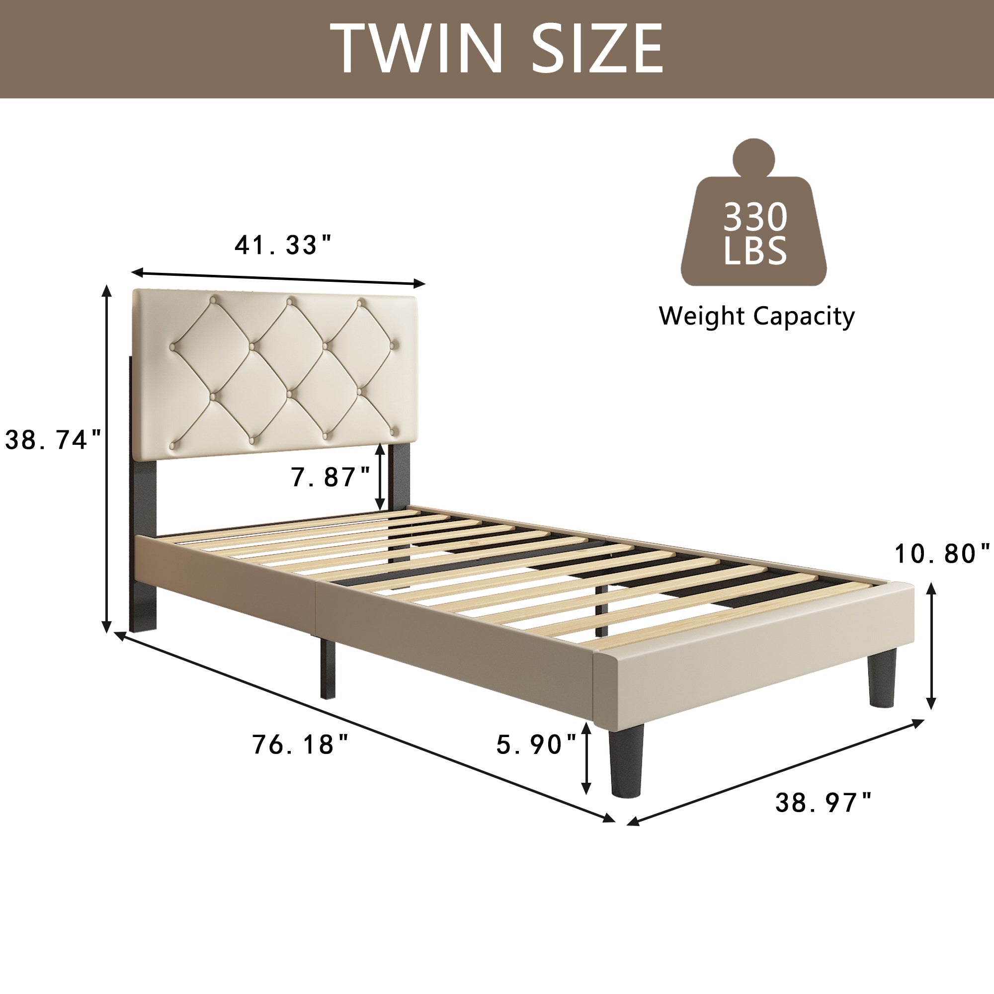 uhomepro Beige Twin Bed with Adjustable Faux Leather Upholstered Headboard, Modern Platform Bed Frame for Bedroom with Wood Slats Support, No Box Spring Needed