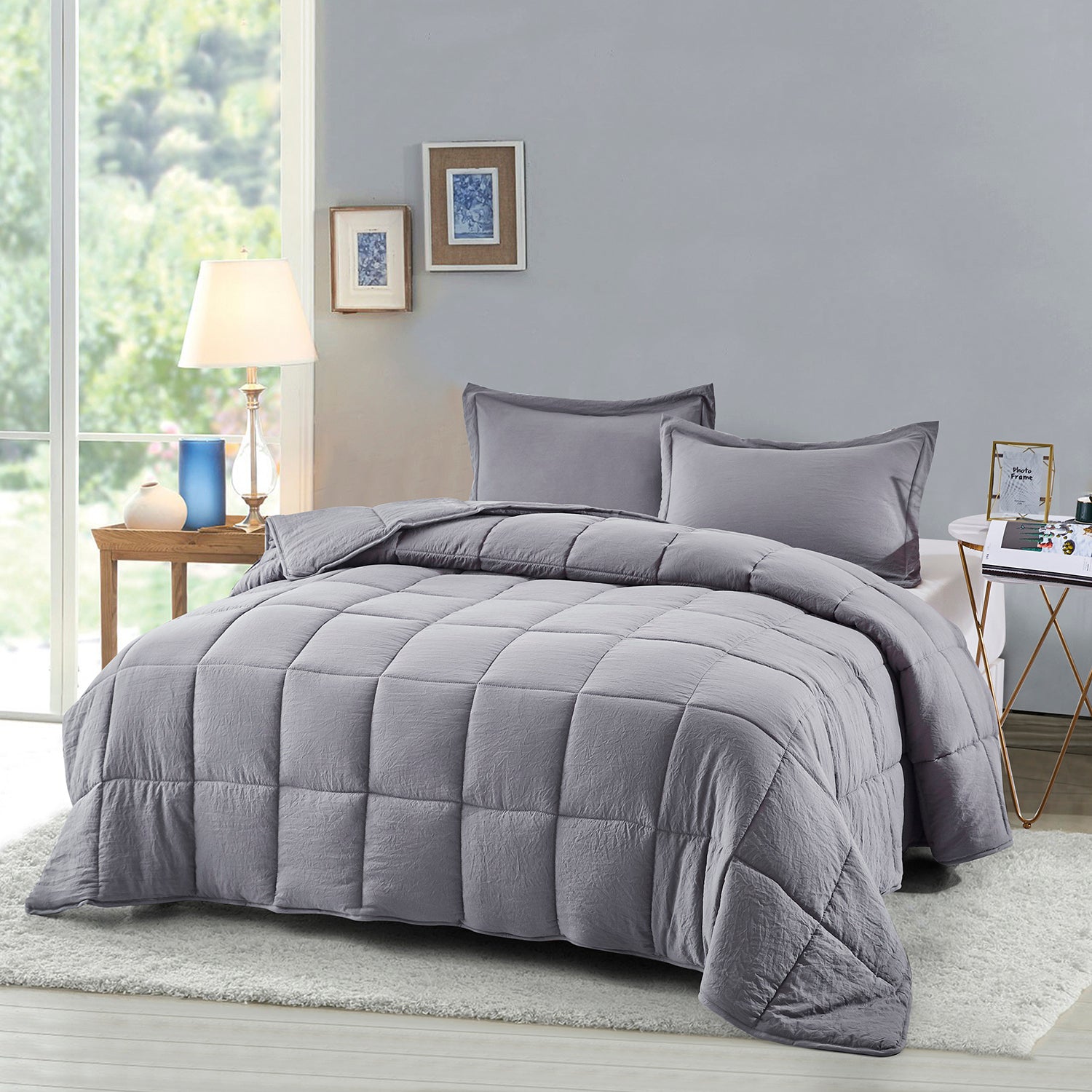 All Season Gray 3 Piece Queen Size Down Alternative Comforter Set with Corner Tabs