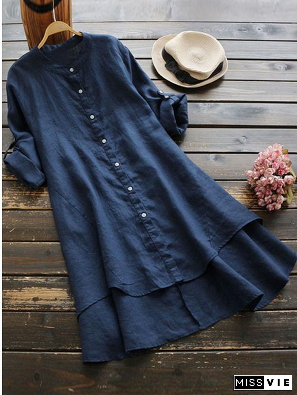 Women'S Button Stand Collar Hem Asymmetric Loose Long Sleeve Long Shirt Dress