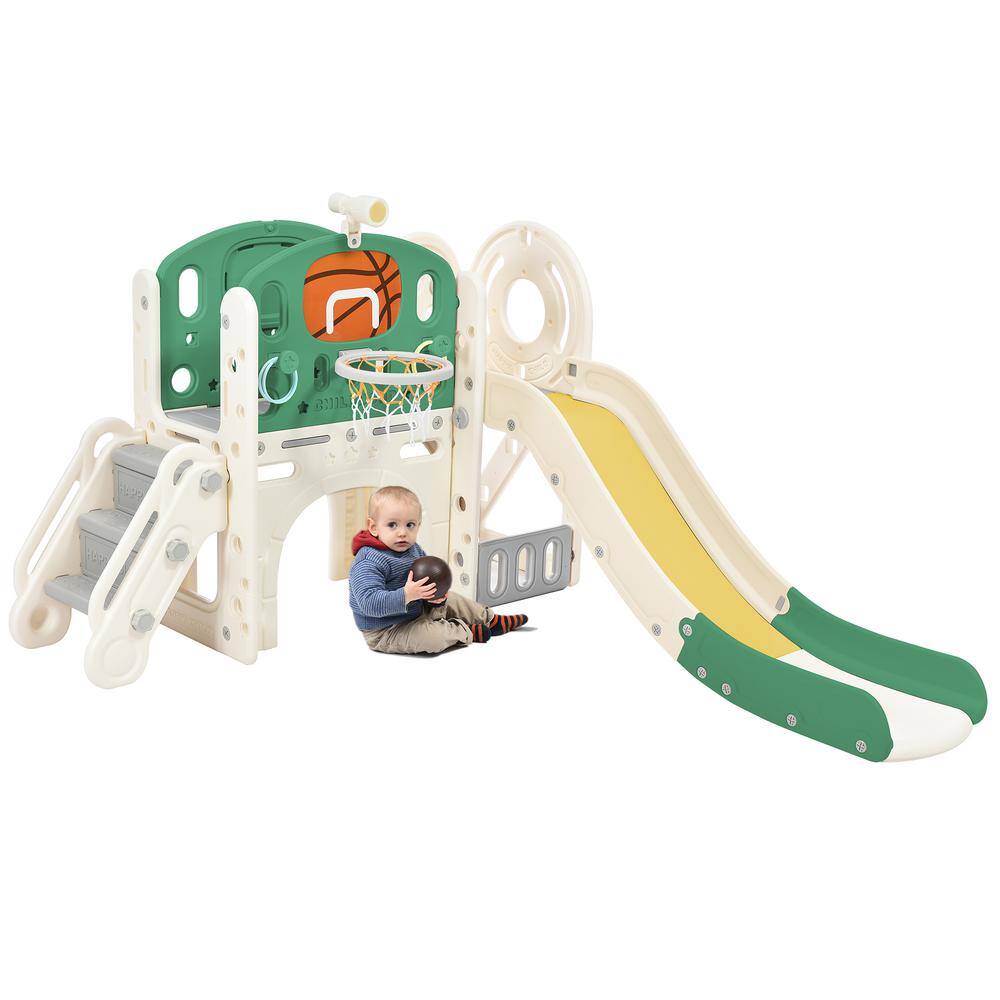 7-In-1 Green HDPE Playhouse with Slide Arch Tunnel Ring Toss and Basketball Hoop LN20232353