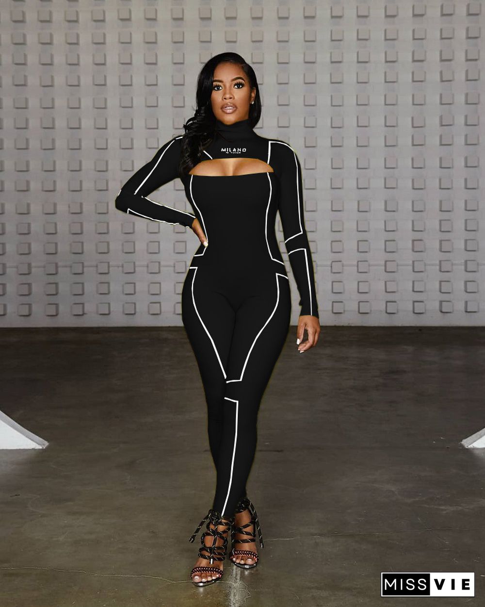 Fashion Hollowed-out Backless Long Sleeve High Neck Jumpsuit