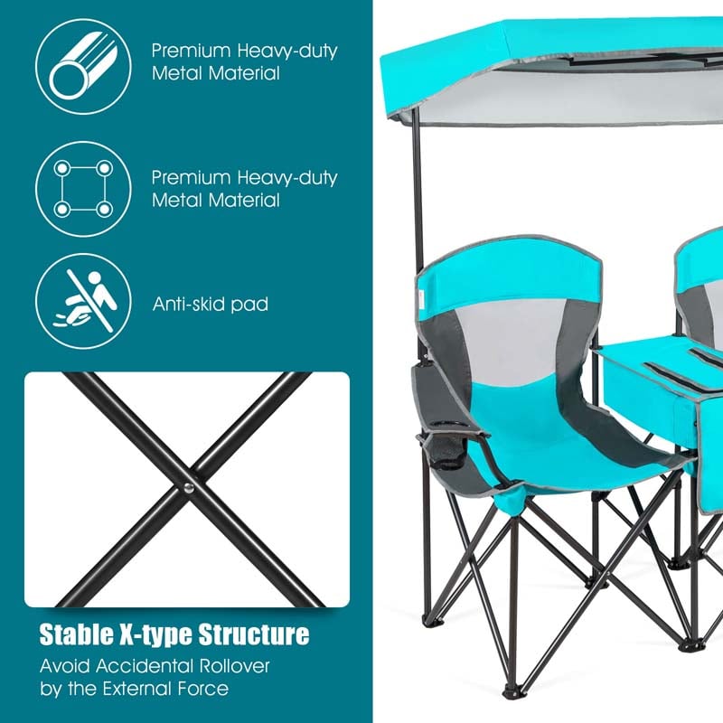 Double Sunshade Camping Canopy Chair with Mini Table, Cup Holder, Portable Folding Beach Chair with Canopy