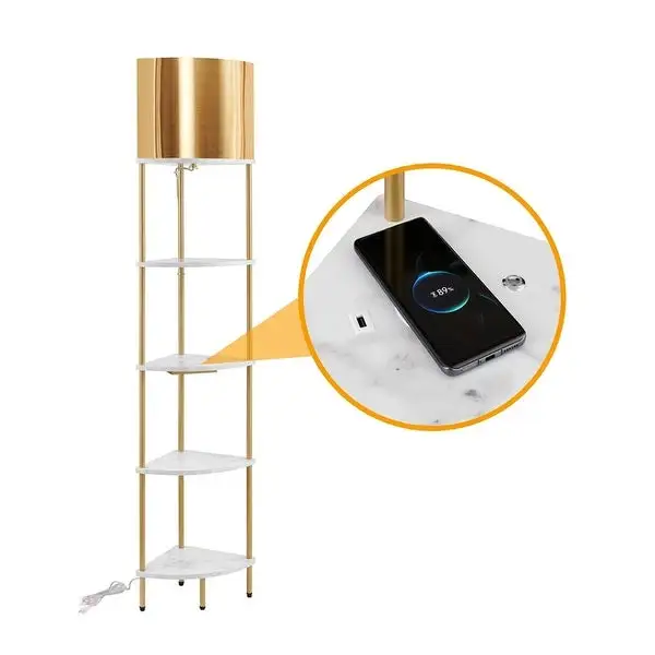 ROSEN GARDEN Corner Shelf Floor Lamp with USB Ports and Wireless Charging Station