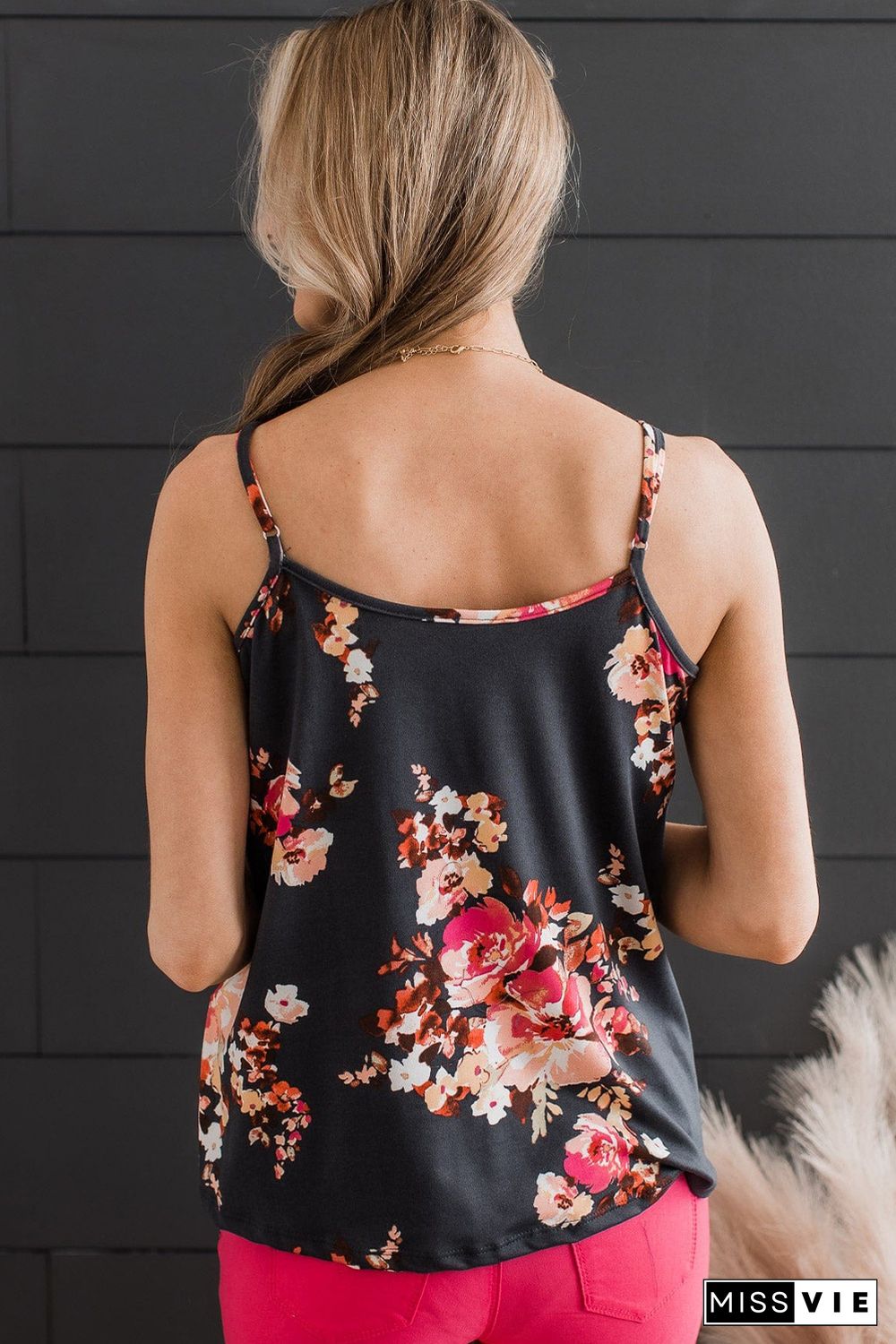 Black Floral Print Adjustable Spaghetti Strap V Neck Tank Top