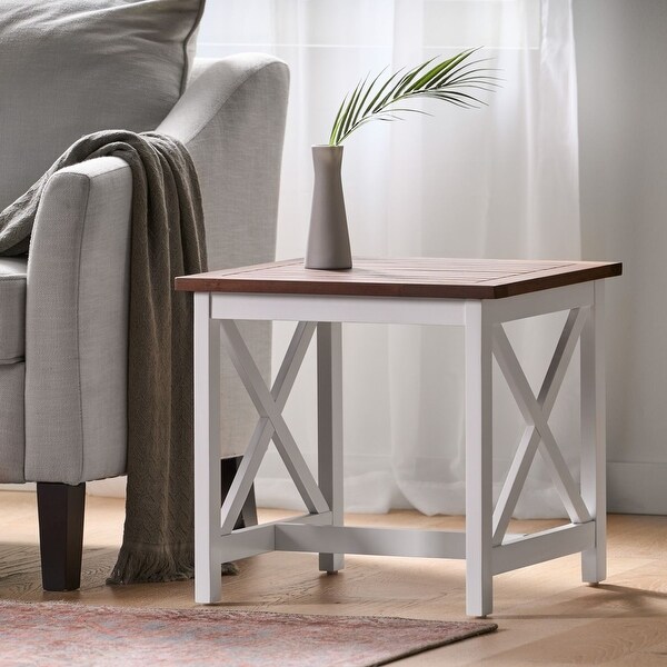 Brown+White Acacia Wood Side Table，XShaped Supports Coffee Table