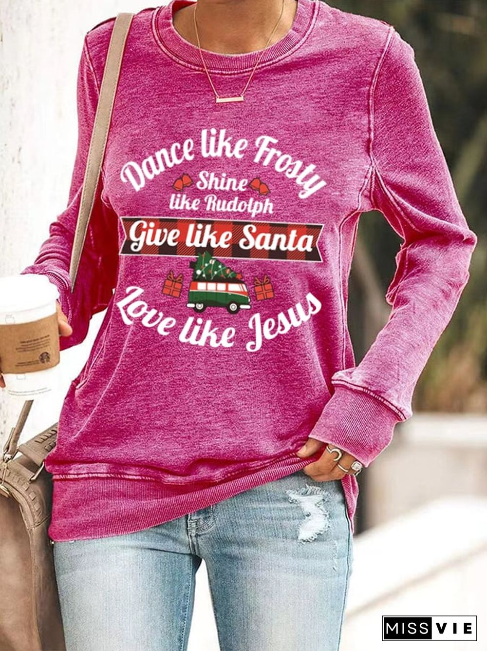 Women's Dance Like Frosty, Shine Like Rudolph, Give Like Santa Love Like Jesus Print Casual Sweatshirt