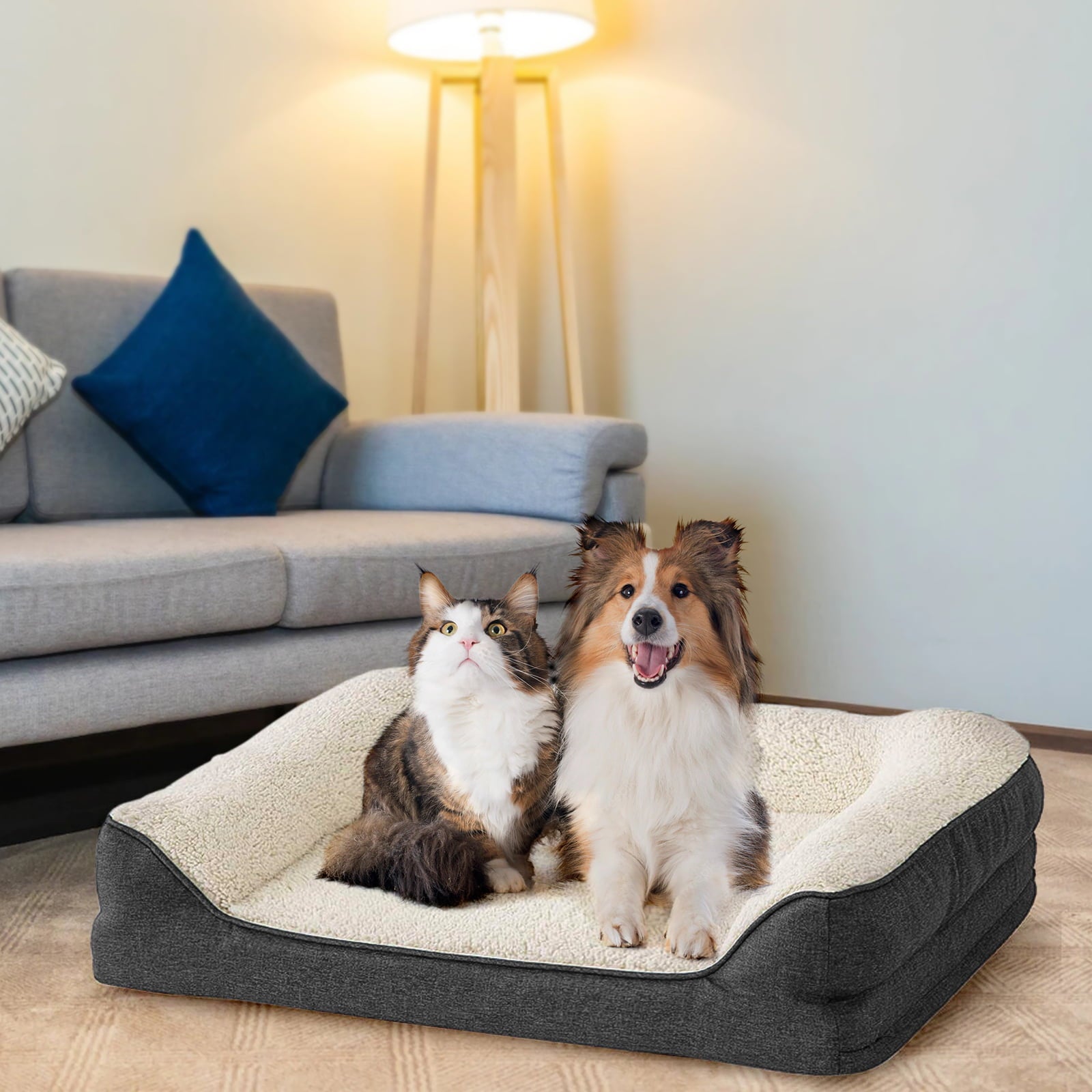 Pet Dog Sofa Bed Orthopedic Memory Foam with Removable Washable Cover & Waterproof Liner, Grey Medium Size