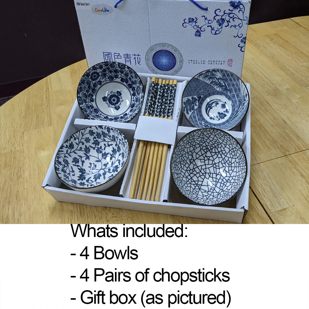 Oriental Mixed Floral 4pcs Bowl Set with Chopsticks for Rice Soup Snack Cereal Glossy Ceramic Dishwasher Safe Porcelain Bowls in Gift Box - Flower Design