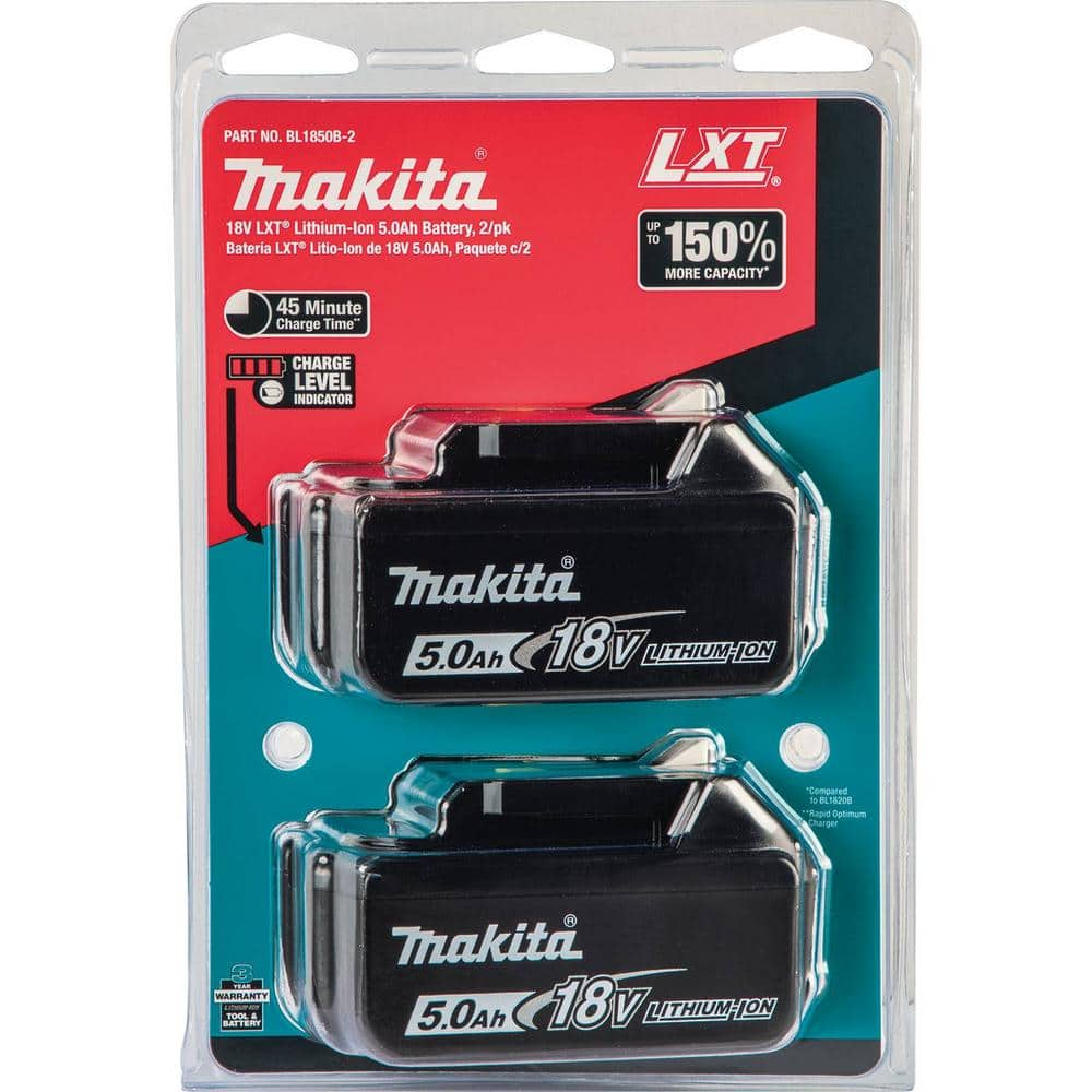 Makita 18V LXT Lithium-Ion High Capacity Battery Pack 5.0 Ah with LED Charge Level Indicator (2-Pack) BL1850B-2