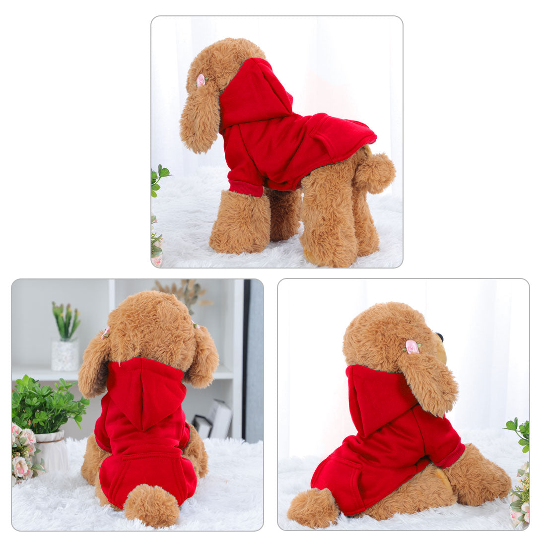 Polyester Dog Sweatshirt Hooded Pet Winter Clothes Coat w Pocket Red L