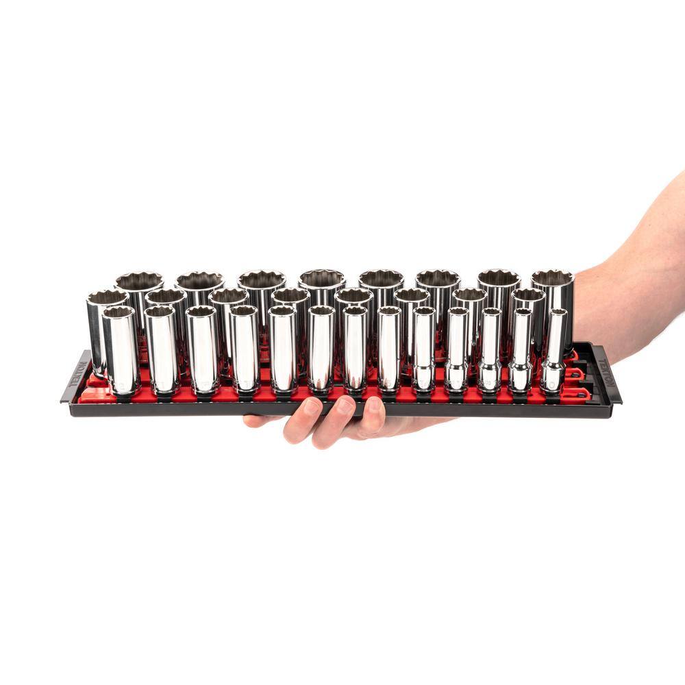 TEKTON 12 in. Drive Deep 12-Point Socket Set with Rails (10-38 mm) (29-Piece) SHD92129