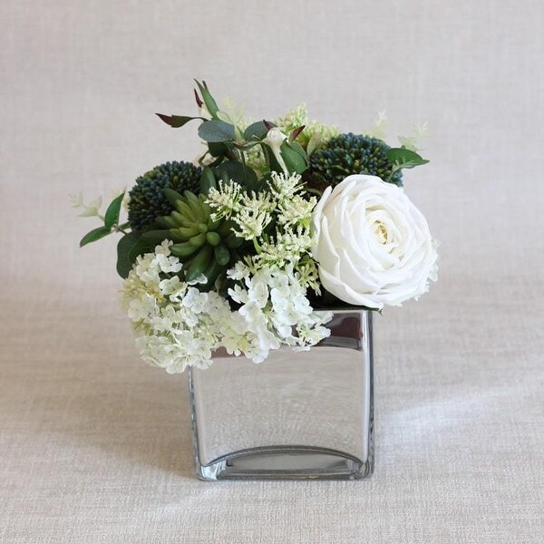 FloralGoods White Blue in Green Flower Arrangement in Glass Vase 9 Tall