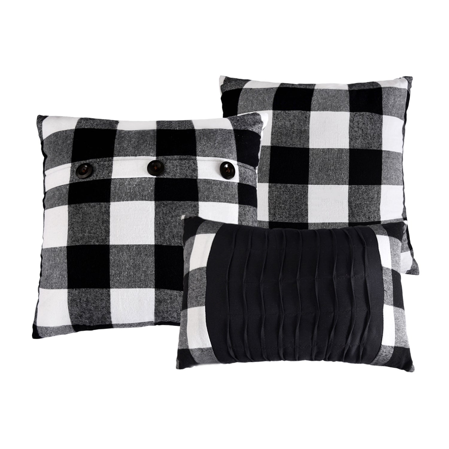 HIG Buffalo Plaid 7 Piece Black and White Bed in A Bag with Buttons, Modern Patchwork Color Block Comforter Set