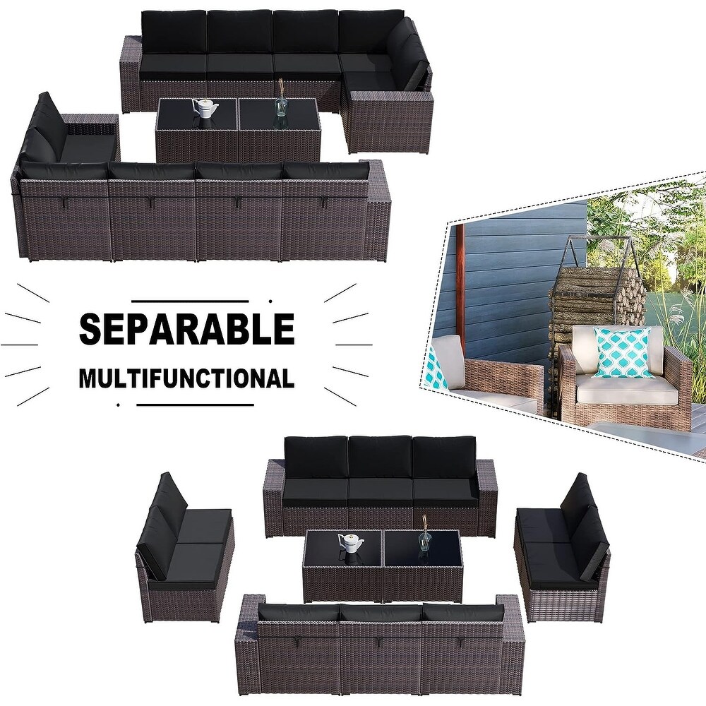 Kullavik 12 Pieces Outdoor Patio Furniture Set Sectional Rattan Sofa Set with Tempered Glass Table