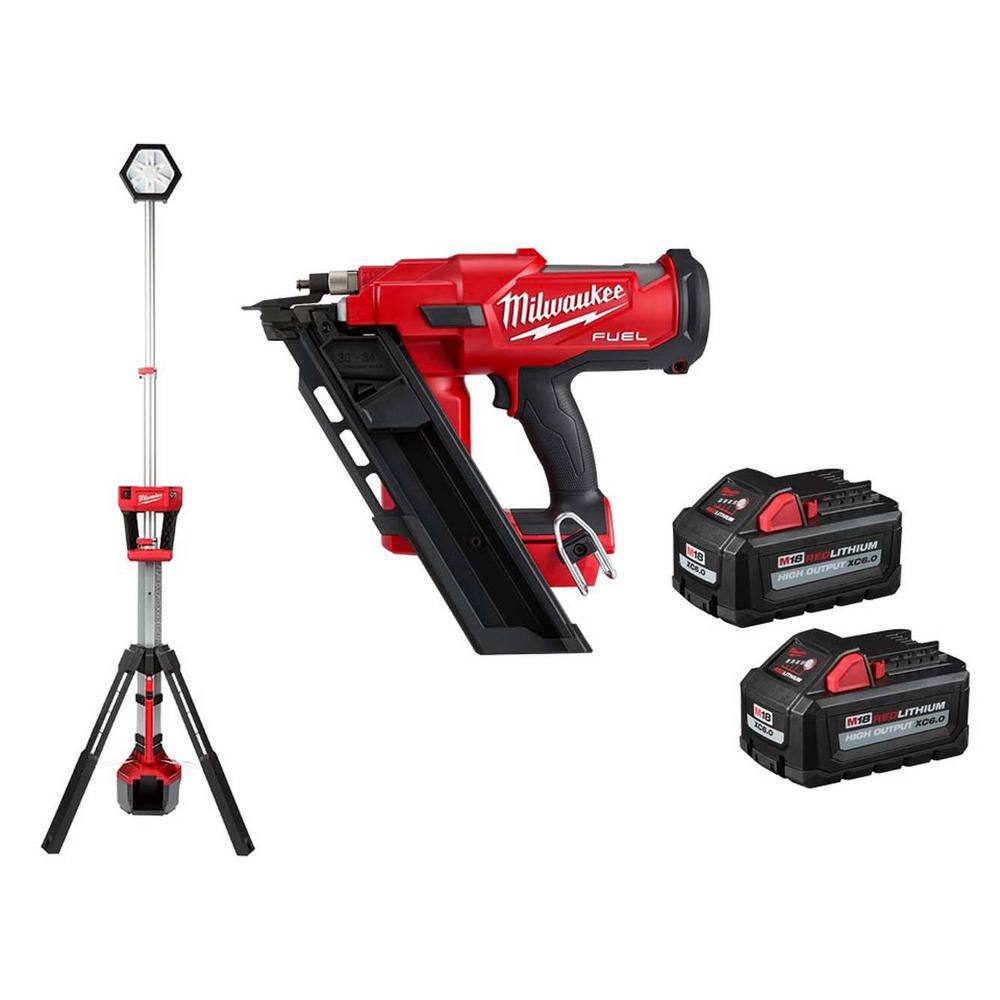 MW M18 FUEL 3-12 in. 18-Volt 30-Degree Lithium-Ion Brushless Cordless Nailer wTower Light Two 6Ah HO Batteries 2745-20-2131-20-48-11-1862