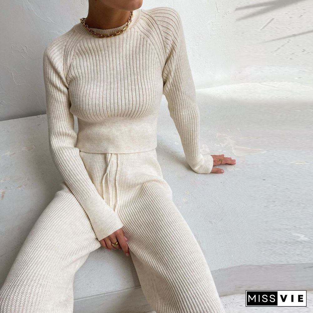 Women 2 Piece Sets Womens Outfits Women's Wide Legged Pants Long Sleeve Clear Color Warm Sweater Set Women Two Piece Set