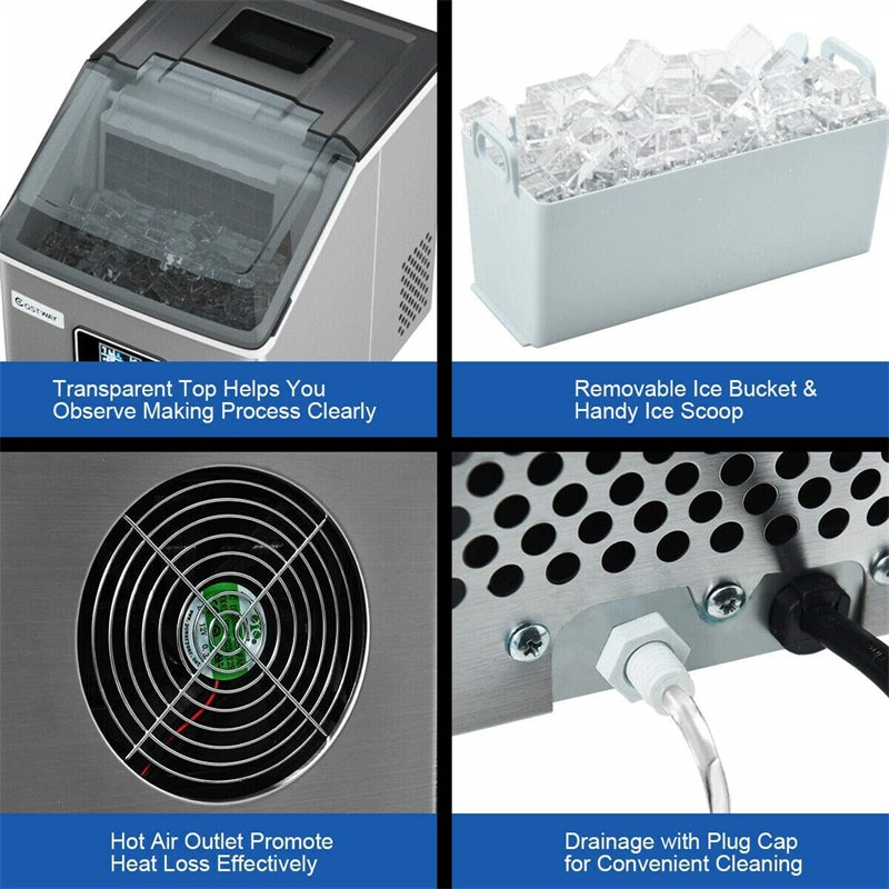 48LBS/24H Stainless Steel Countertop Ice Maker Machine with Self-Clean Function LCD Display Ice Scoop Basket