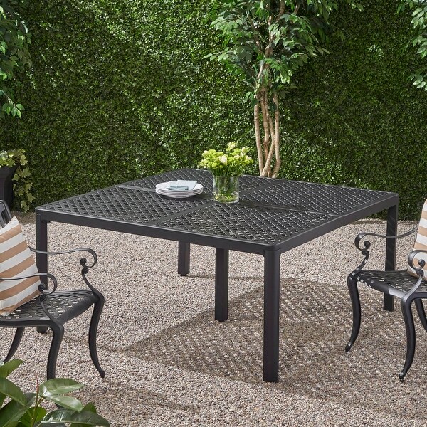 Outdoor Modern Aluminum Dining Table with Woven Accents and Metal Weave Tabletop