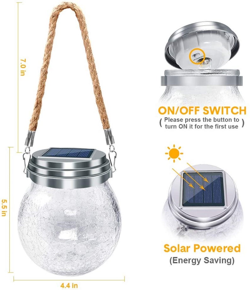 EpicGadget Solar Lantern Outdoor Hanging Solar Light LED Mason Jar Light Waterproof Solar Table Lamp Crack Glass Garden Globe Light for Patio Yard Party Wedding Christmas Outdoor Decoration (4 Pieces)