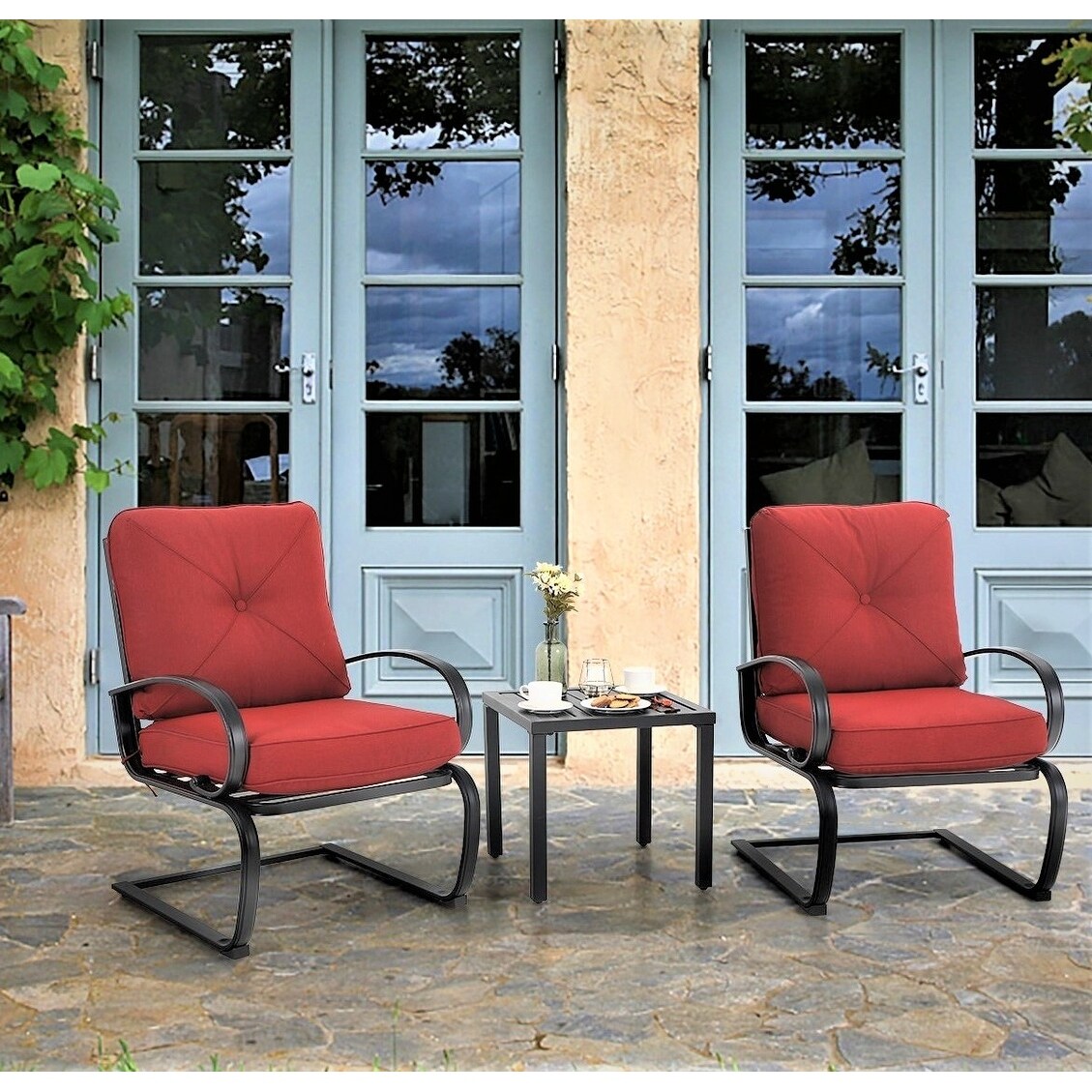 3-piece Patio Bistro Dining Set， 2 C-spring Dining Chairs and 1 Patio Metal Side Table - Overstock - 33330816