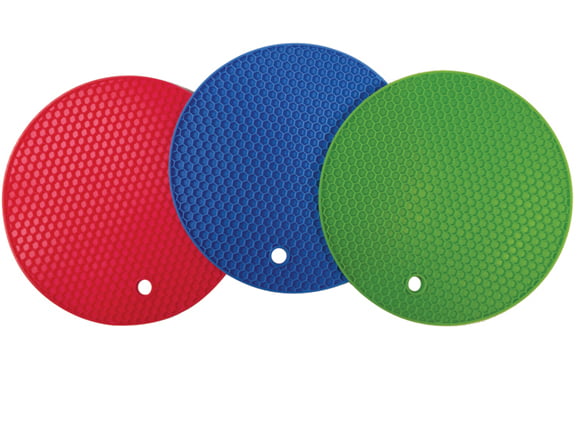 Better Kitchen Products， 3 Pack， Large Silicone Pot Holders， Hot Pads， Trivets， Blue， Lime Green and Red， 7