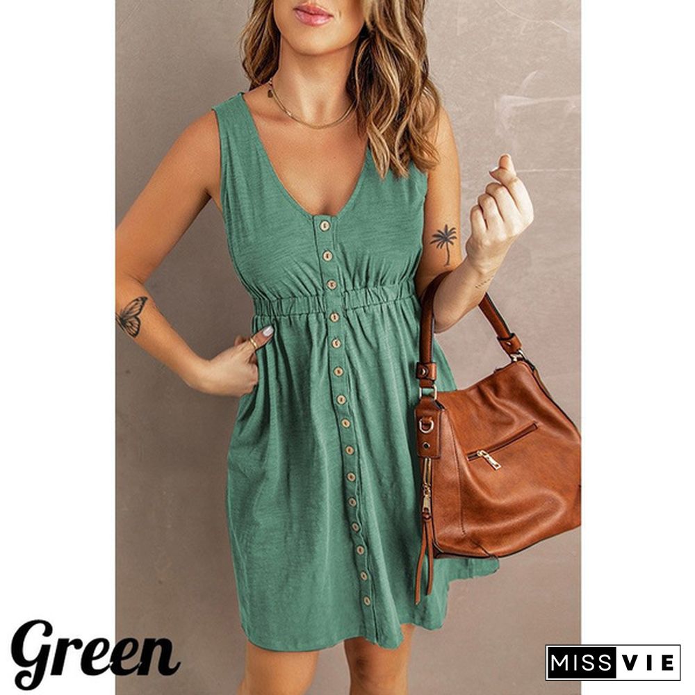 Womens Casual Sleeveless Button Down Elastic Waist Swing Loose Plain Short Dresses Plus Size Tank Tops Dresses