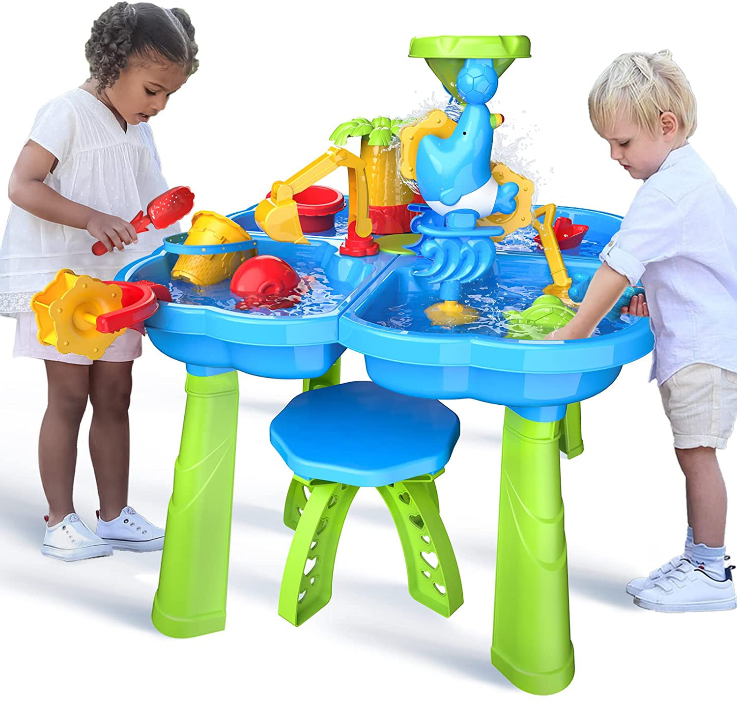 TEMI Sand Water Table for Toddlers， 4 in 1 Sand Table and Water Play Table， Kids Table Activity Sensory Play Table Beach Sand Water Toy for Outdoor Backyard for Toddlers Age 2-4 Gift